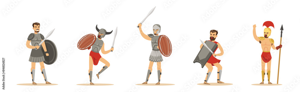 Wall mural man spartan powerful warrior character with sword and spear vector set