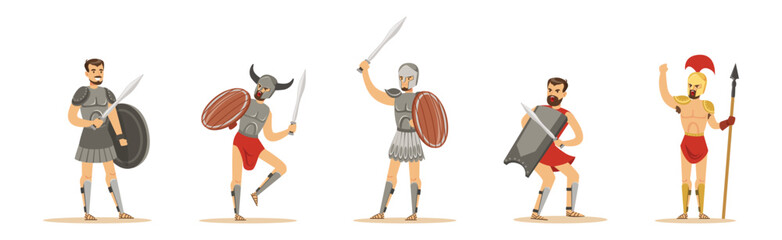 Man Spartan Powerful Warrior Character with Sword and Spear Vector Set