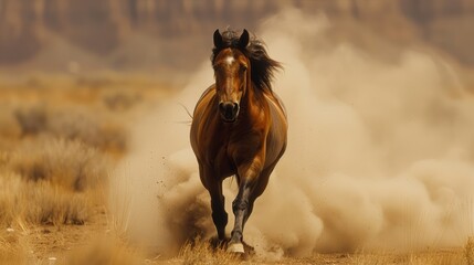Brown horse galloping energetically across a dusty plain, dust rising around its hooves, portrait emphasizes its wild spirit