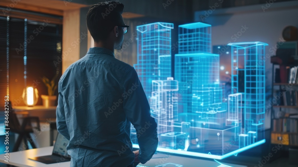 Poster an architect look designs building designs in an office with 3d visual technology