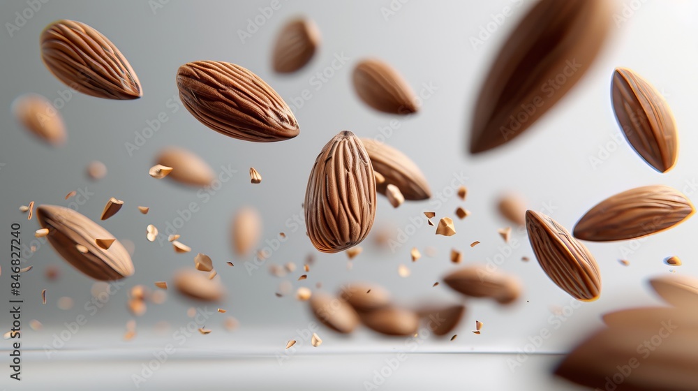 Poster elegant display of nuts in graceful descent while levitating against a pristine white backdrop