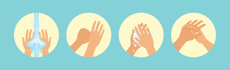 Clean Hands Hygiene and Wash Procedure Step Vector Set