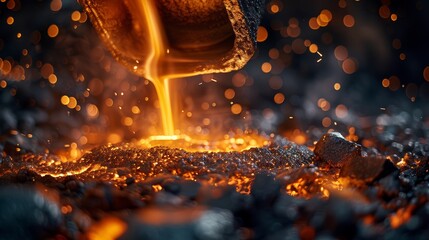 Close-up photograph of molten metal being poured into a mold at a steel mill, capturing the intense heat and glowing liquid metal
