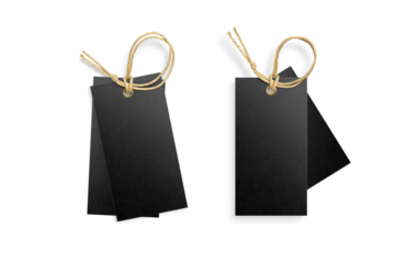 Set of two black paper hang tags, price tags or cloth labels with string isolated on a transparent background, PNG. High resolution.