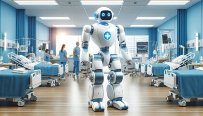 A robot designed for medical assistance in a hospital setting. It has a white and blue color scheme with a gentle, non-threatening design. 