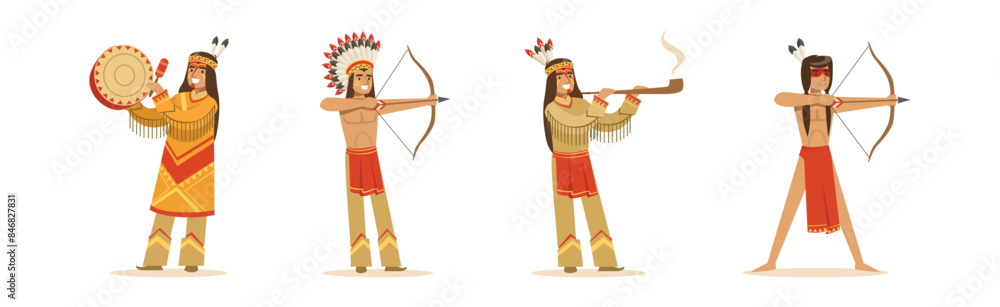 Poster indian man native character with feather armed with weapon vector set