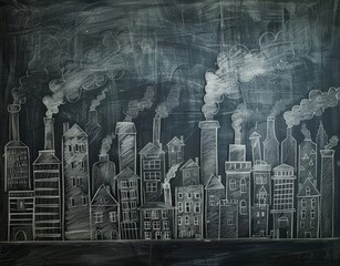 A chalkboard drawing of a city skyline with smokestacks and factories, likely depicting an industrial landscape.