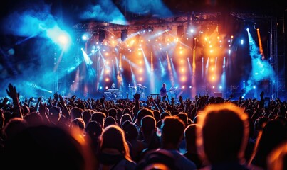 A music festival with an illuminated stage and a crowd of spectators