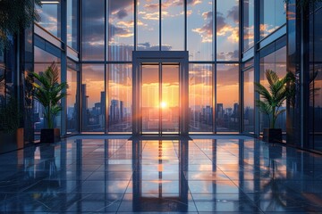 Sunset, windows of office buildings
