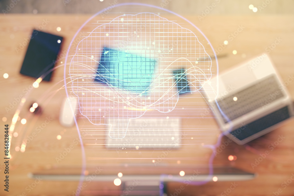 Leinwandbilder double exposure of creative human head microcircuit with computer on background. future technology a