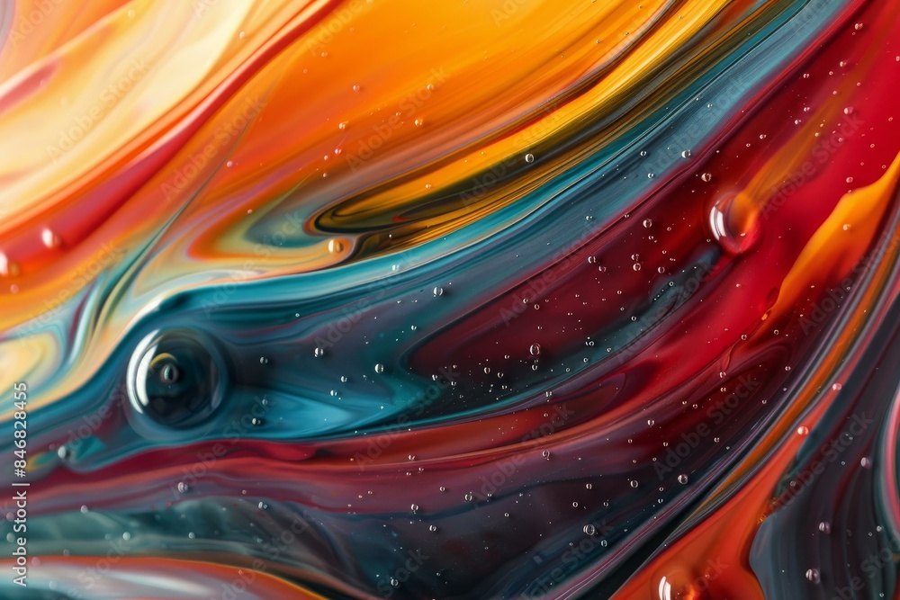 Poster closeup view of abstract liquid swirls with vibrant colors and fluid motion, creating a hypnotic and