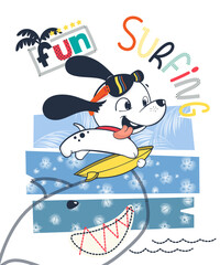 Cute dog wearing sunglasses surfing with shark, T-shirt design for kids.