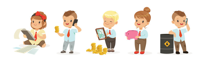 Kid Character In Financial Business Dealing with Money Vector Set