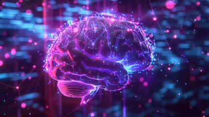 A picture of a brain with purple and blue lights. Generative AI