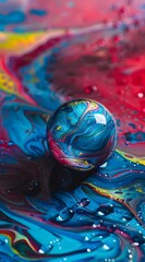 rainbow marble sits on the surface of an abstract painting with water droplets