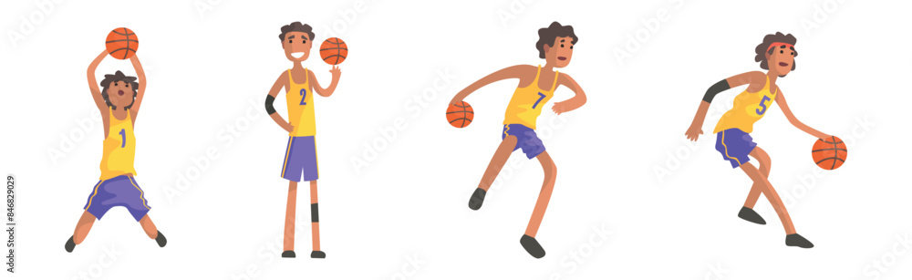 Poster man basketball player character with ball in different pose vector set