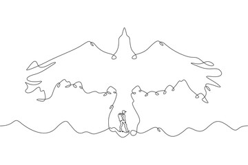 Tourist climber in the mountains. Mountain landscape. Mountain silhouette in the form of a flying bird.One continuous line . Line art. Minimal single line.White background. One line drawing.