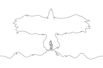 Tourist climber in the mountains. Mountain landscape. Mountain silhouette in the form of a flying bird.One continuous line . Line art. Minimal single line.White background. One line drawing.