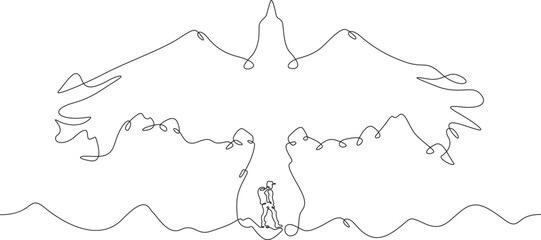 Tourist climber in the mountains. Mountain landscape. Mountain silhouette in the form of a flying bird.One continuous line . Line art. Minimal single line.White background. One line drawing.
