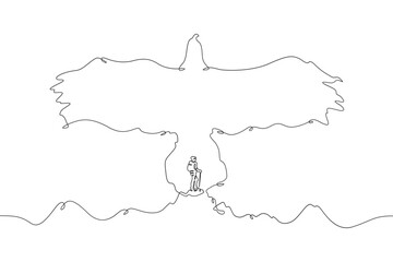 Tourist climber in the mountains. Mountain landscape. Mountain silhouette in the form of a flying bird.One continuous line . Line art. Minimal single line.White background. One line drawing.