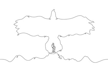 Tourist climber in the mountains. Mountain landscape. Mountain silhouette in the form of a flying bird.One continuous line . Line art. Minimal single line.White background. One line drawing.