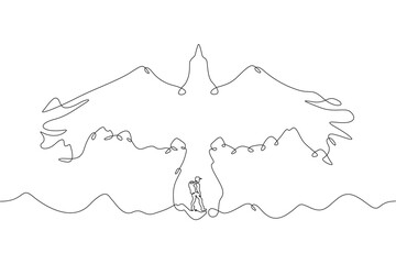 Tourist climber in the mountains. Mountain landscape. Mountain silhouette in the form of a flying bird.One continuous line . Line art. Minimal single line.White background. One line drawing.