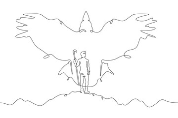 Tourist climber in the mountains. Mountain landscape. Mountain silhouette in the form of a flying bird.One continuous line . Line art. Minimal single line.White background. One line drawing.