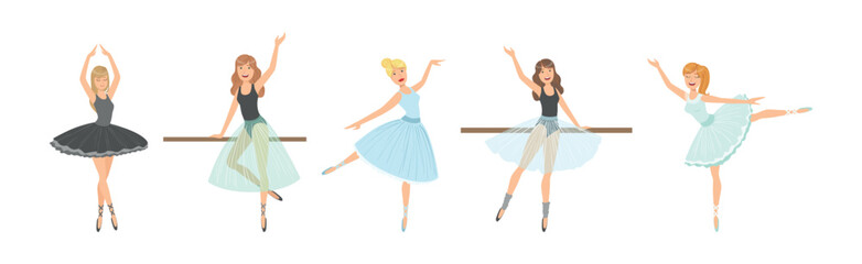 Beautiful Woman Ballerina Character with Slim Body in Pointe Shoes Do Pirouette Vector Set