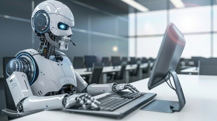 Cheerful customer service robot using computer in blurred office setting with space for text