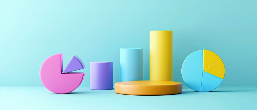 Colorful 3D charts and graphs on a blue background representing data analysis and business statistics.