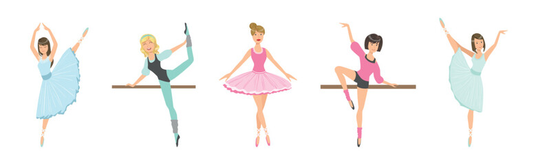 Naklejka premium Beautiful Woman Ballerina Character with Slim Body in Pointe Shoes Do Pirouette Vector Set