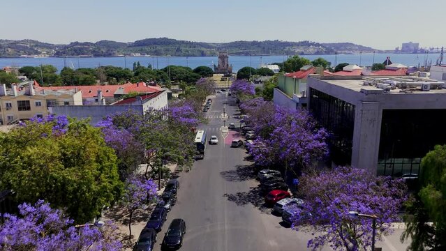 Flying over the avenue lined with blooming jacaranda trees towards the Belem Tower and Tagus River