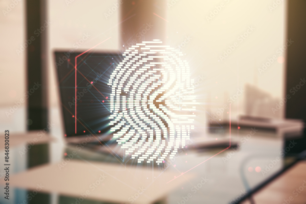 Poster double exposure of abstract creative fingerprint hologram on computer background, protection of pers