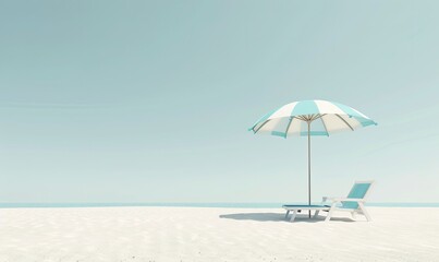 Serene beach scene with a blue and white umbrella and lounge chair on a sunny, calm day with clear blue skies and smooth sandy beach.