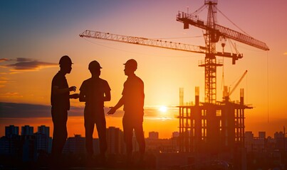 Silhouette of construction workers discussing a project at a building site during sunset with a crane in the background.