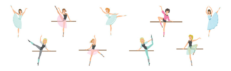 Beautiful Woman Ballerina Character with Slim Body in Pointe Shoes Do Pirouette Vector Set © topvectors