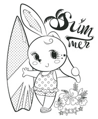 Coloring page outline, Cute sport rabbit girl standing with her surfboard on the beach vector illustration.