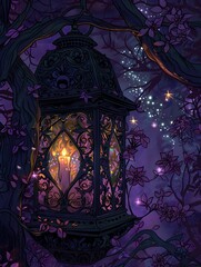 A purple lantern with an open window behind it, glowing in the dark room of enchantment and magic
