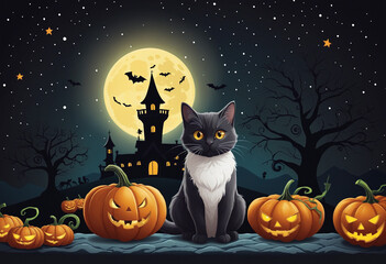 Fototapeta premium Celebrate the Spooky Season with this Halloween-themed design featuring pumpkins, cats, bats, and moons on a festive poster or card