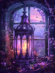 A purple lantern with an open window behind it, glowing in the dark room of enchantment and magic