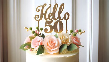 Elegant White Cake with Pink and Peach Roses and "Hello 50" Gold Topper for 50th Birthday Celebration