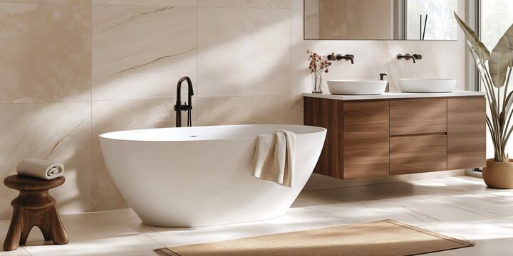 An elegant bathroom features a freestanding white bathtub, a wooden vanity with twin sinks, and neutral tiles creating a serene ambiance