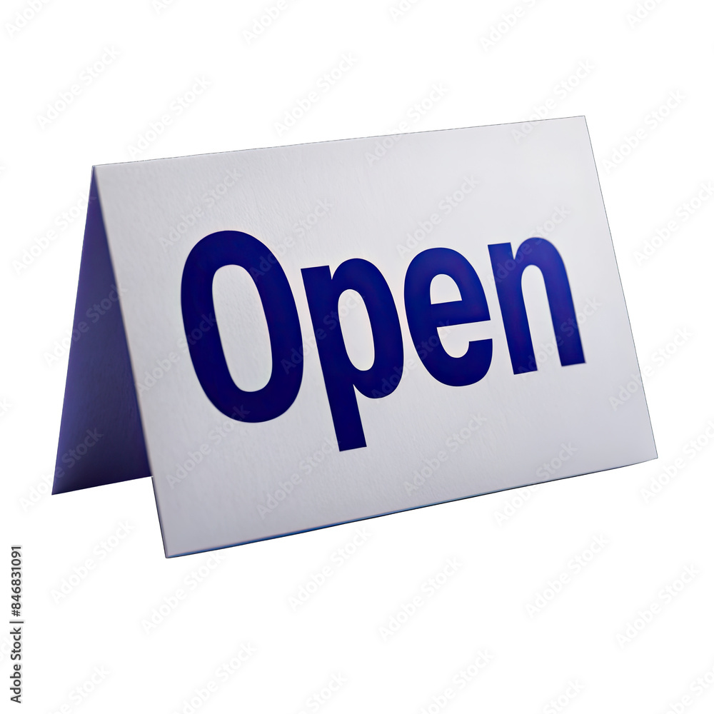 Poster a white sign with a blue open message is isolated on a white background. this sign is often used for