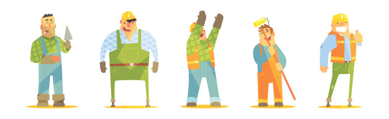 Funny Man Builder Character Work at Construction Site Vector Set