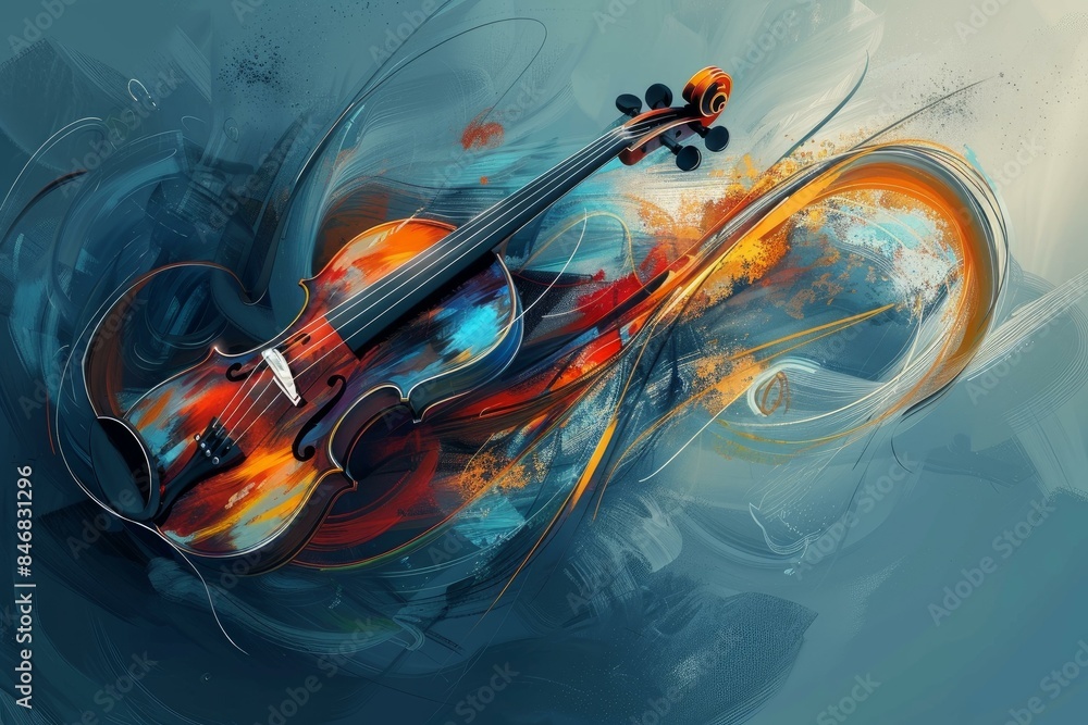 Poster digital artwork of a violin with vibrant paint strokes on a dynamic abstract background