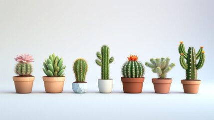 Set of cactus and succulent with glued immortelle flowers, home decoration, home plant. Different types of cacti, potted plant as a gift