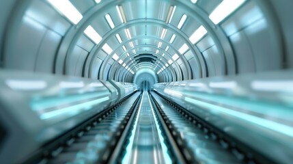 Obraz premium A fast train locomotive travels down a futuristic, neon-lit modern technology hall
