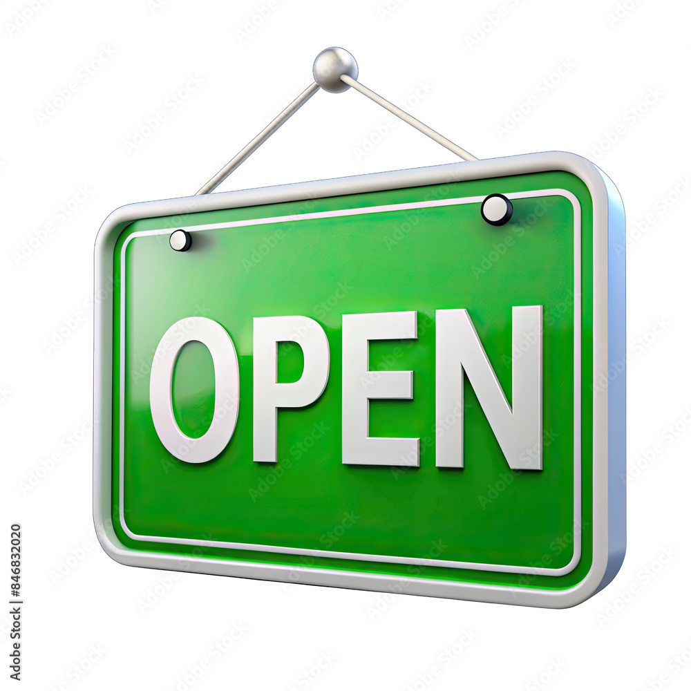 Poster a green open signboard hangs on a white background. the signboard is rectangular with a silver frame