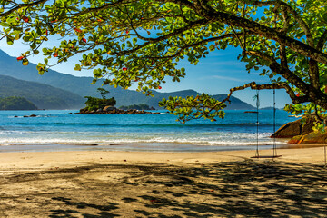 Wild beach of Castelhanos and its paradisiacal tropical landscape on the island of Ilhabela in Sao...