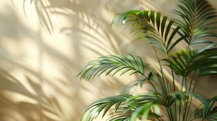 Beautiful palm leaves create elegant shadows on a beige wall, casting a serene ambiance with a touch of natures beauty